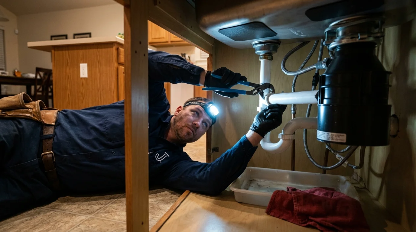 P-trap and supply line connections under a kitchen sink showing a common leak point in Colfax, WA